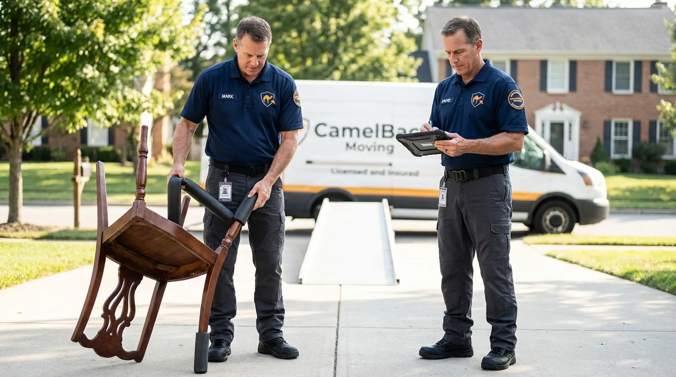 Movers inspecting furniture for damage prevention before loading in Middleburg, PA