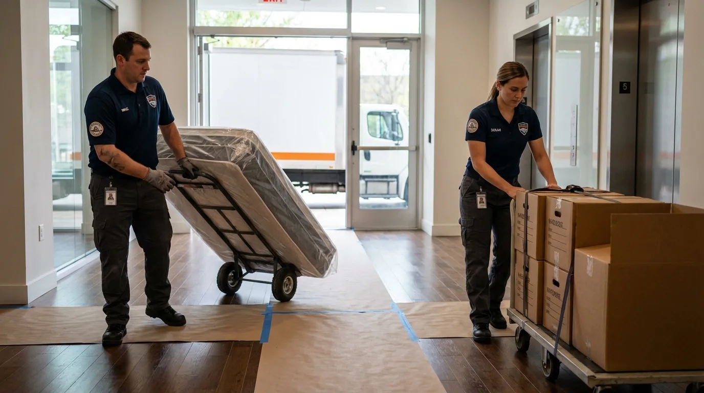 Professional apartment movers loading elevator in Middleburg, PA