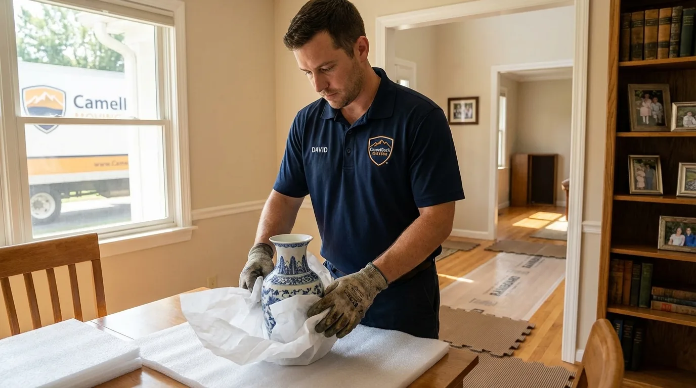 Professional crew carefully wrapping antique vase for senior downsizing move in Middleburg, PA